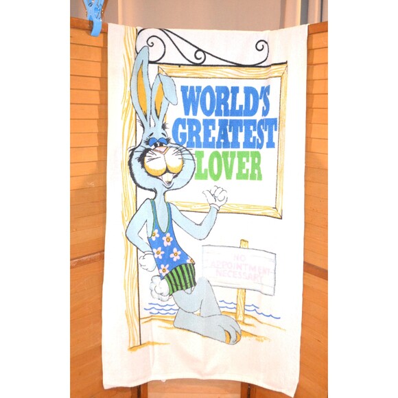 Vintage Beach Towel Bunny Blue Worlds Greatest Lover - Picture 1 of 6